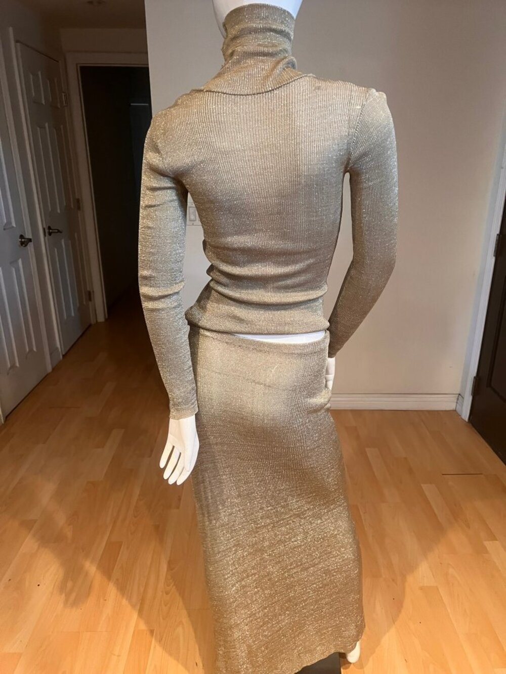 90'S ANNE KLEIN VINTAGE GOLD LUREX 3 PCS CARDIGAN TOP SKIRT SET SZ S SMALL - Picture 4 of 9